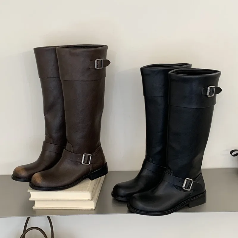 Eilyken New Design Splicing Belt Buckle Knee-High Boots Women Retro Round Toe Square Low Heels Autumn Winter Shoes