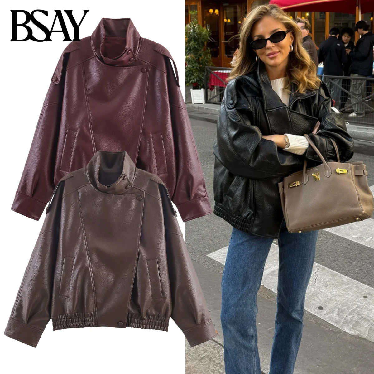

BSAY Imitation Leather Jacket for Women Fashion Autumn Winter New Solid Long Sleeved Zip Pocket Short Coats Chic Ladies Tops