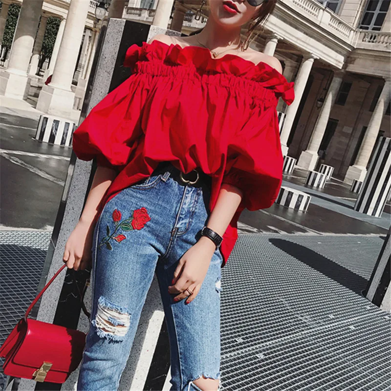 Ruffles Fashion Woman Blouse Off the shoulder Youth Elegnat Blouses Luxury Tops Designer Puff sleeve 2024 Korean New