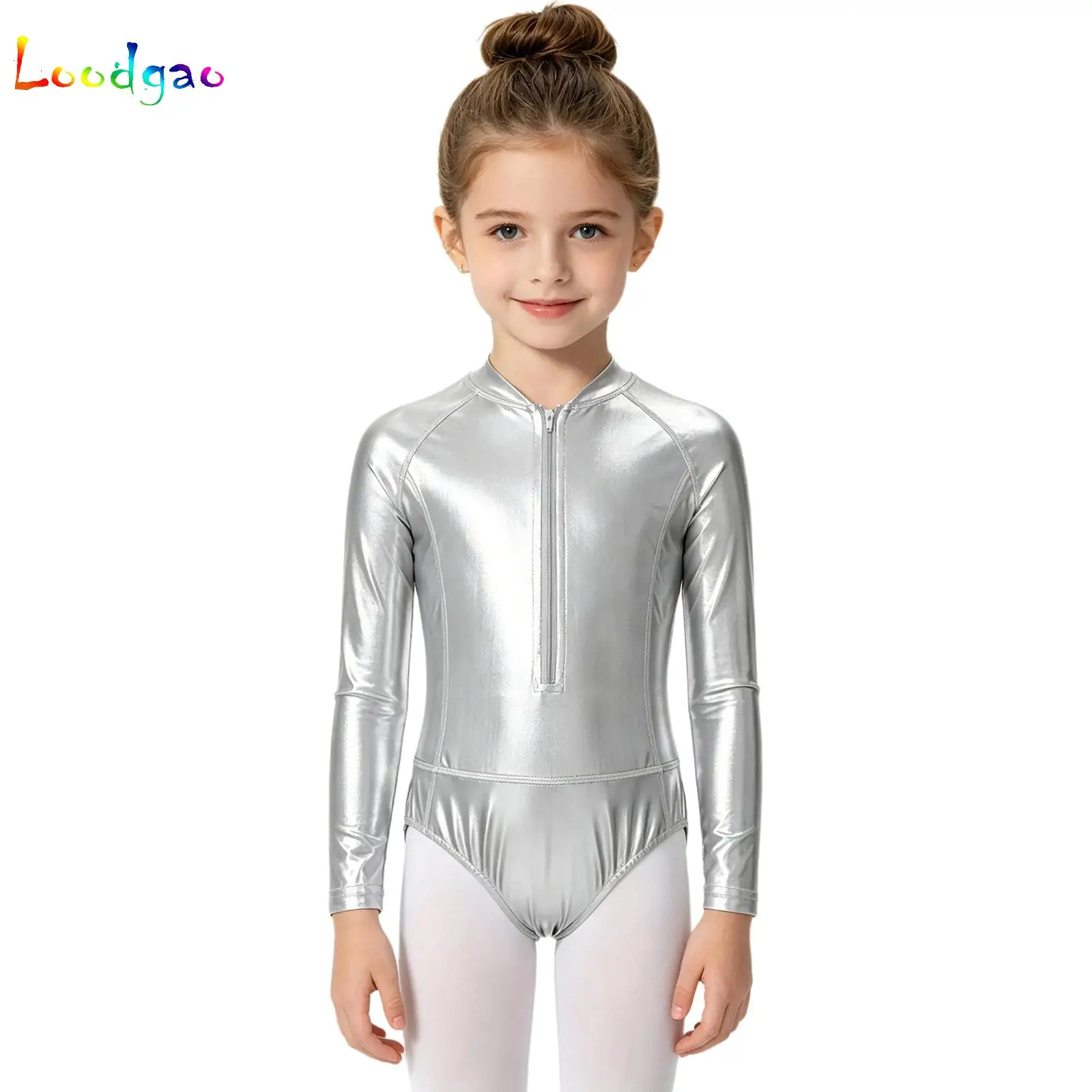 Ballet Dance Shinny Metallic Leotards for Girls Rhythmic Gymnastics Jazz Bodysuit Long Sleeve Gold Rompers Costume Kids Wear