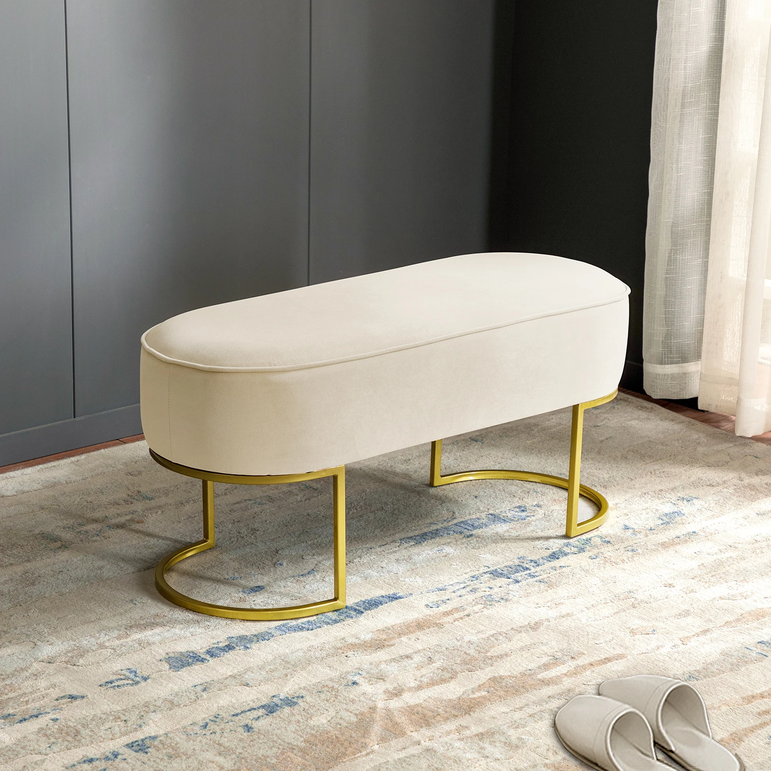 Modern Design Soft Fabric Durable Long Stool with Lightweight Metal Legs for Home Use in Bedroom and Hotel
