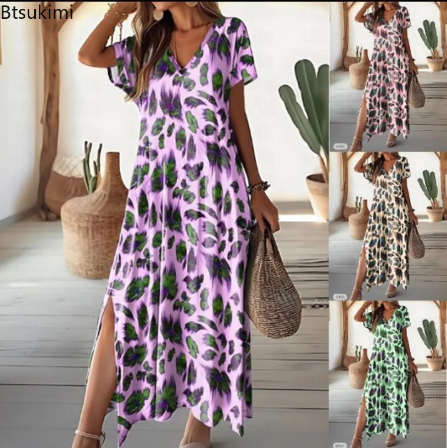 

2024 New Boho Beach Dress Summer Casual Side Split Pattern Print V-neck Loose Dress Fashion Elegant Maxi Dresses for Women Robe