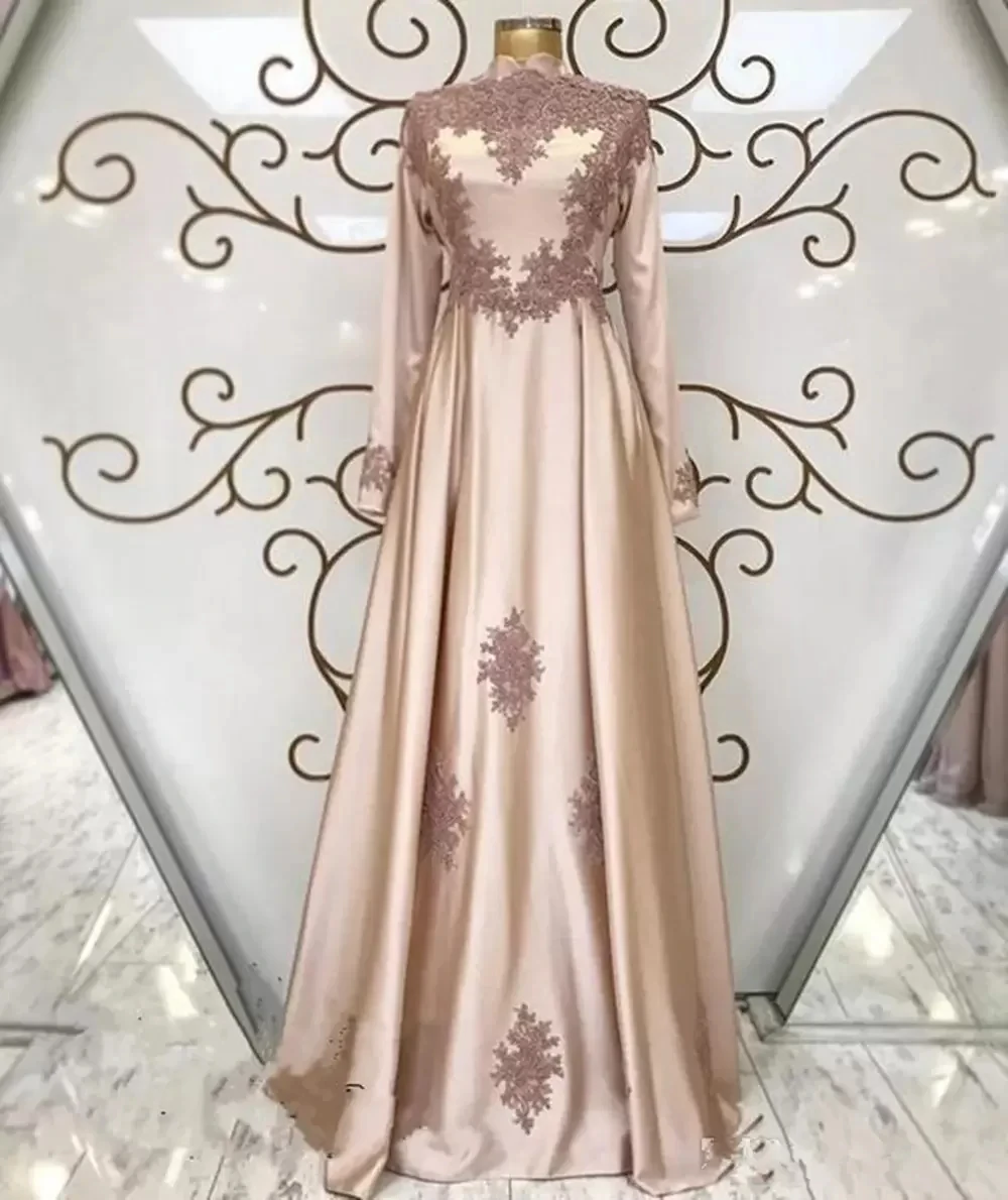 Vestido de noite manga comprida com gola alta feminino, vestido elegante, decalque linha A, plus size, gala, baile de formatura, ocasião formal, rosa