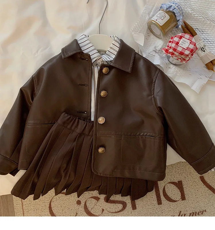 Korean Style Autumn Baby Girls Coats PU Leather Brown Jackets Shirts Single Breastede Cardigans New Arrival Kids Outwears