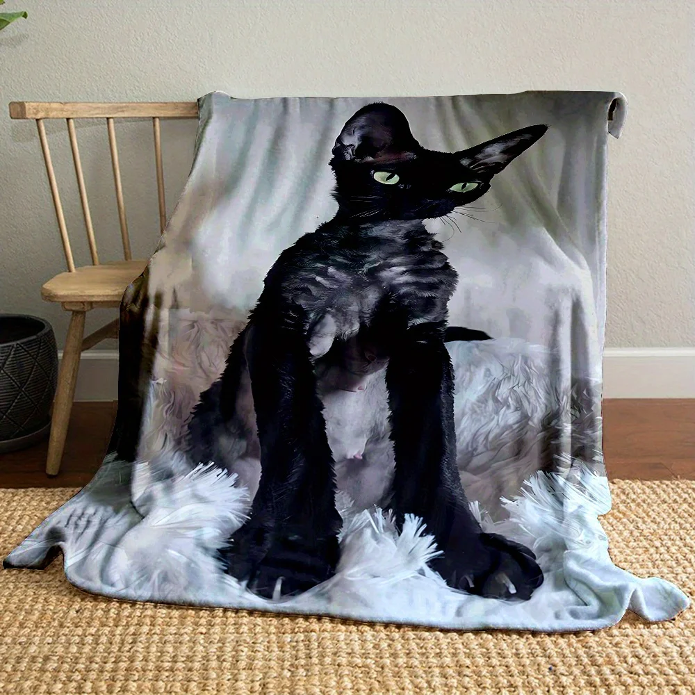 Cute Black Devon Rex Cat Flannel Throw Blanket Pet Kitten Portrait Pattern Soft Warm Blanket for Couch Bed Home Decor Gift