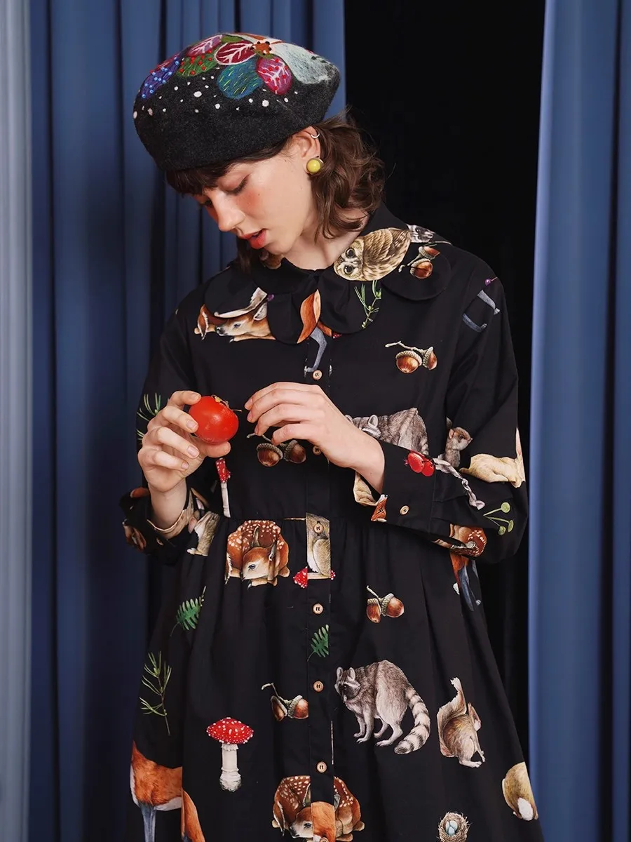 104-112cmBust SpringFall Long Dress Original Design Women Vintage Elegant Owl Fox Rabbits Animals Print Black Cotton Shirt Dress