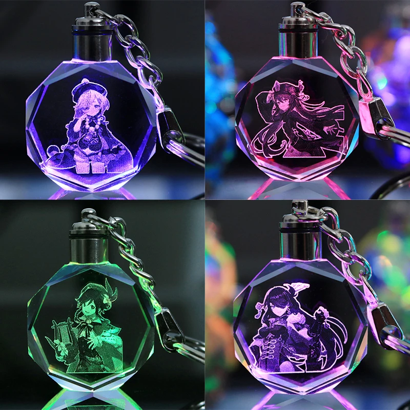 

Anime Genshin Impact Colorful Glass Crystal Lamp Keychain Zhongli Beelzebul Keqing Qiqi Barbatos Baal Figures Key Ring Pendant