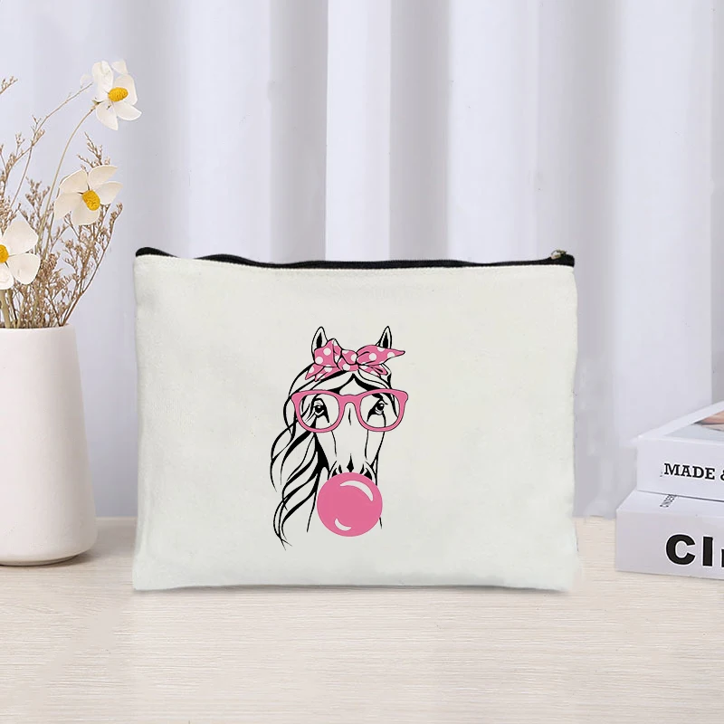 Bow Horse Cosmetic Bag Organizer Canvas Storage Pouch Office Supplies Pencil Case Wallet Fun Makeup Bags Gift for Animal Lovers