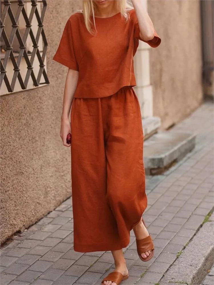 Summer Loose O-Neck Top Wide Leg Pants Two Piece New Elegant Pullover Pants Summer Suit Women Harajuku Style Cotton Linen Suit