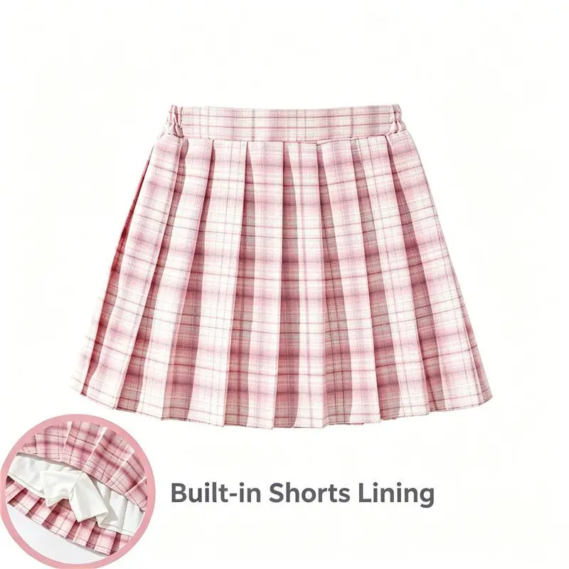 3‑14Y Girls Plaid Pleated Skirt, College Style Built‑in Safety Shorts Adjustable Elastic Waist Spring‑Summer School Skirt