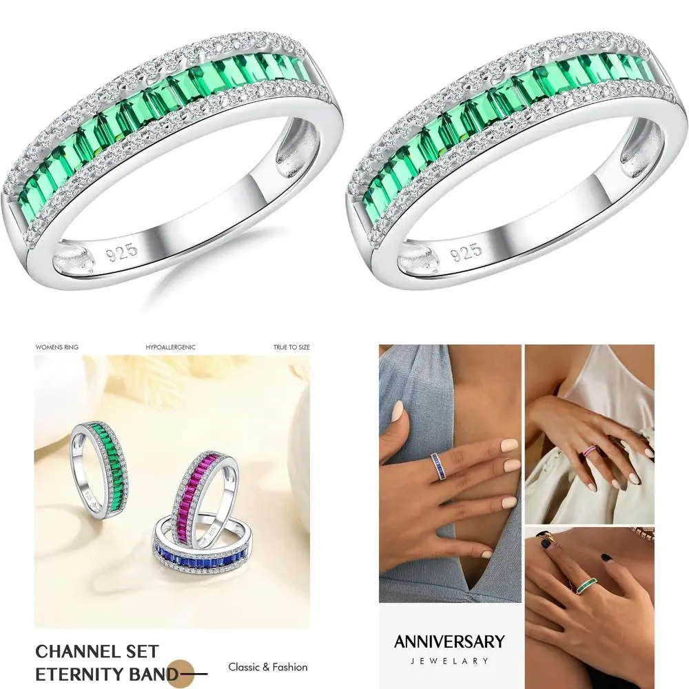 

Sterling Silver Emerald & Baguette Moissanite Wedding Band Set for Women & Men, 1 Carat Eternity Ring