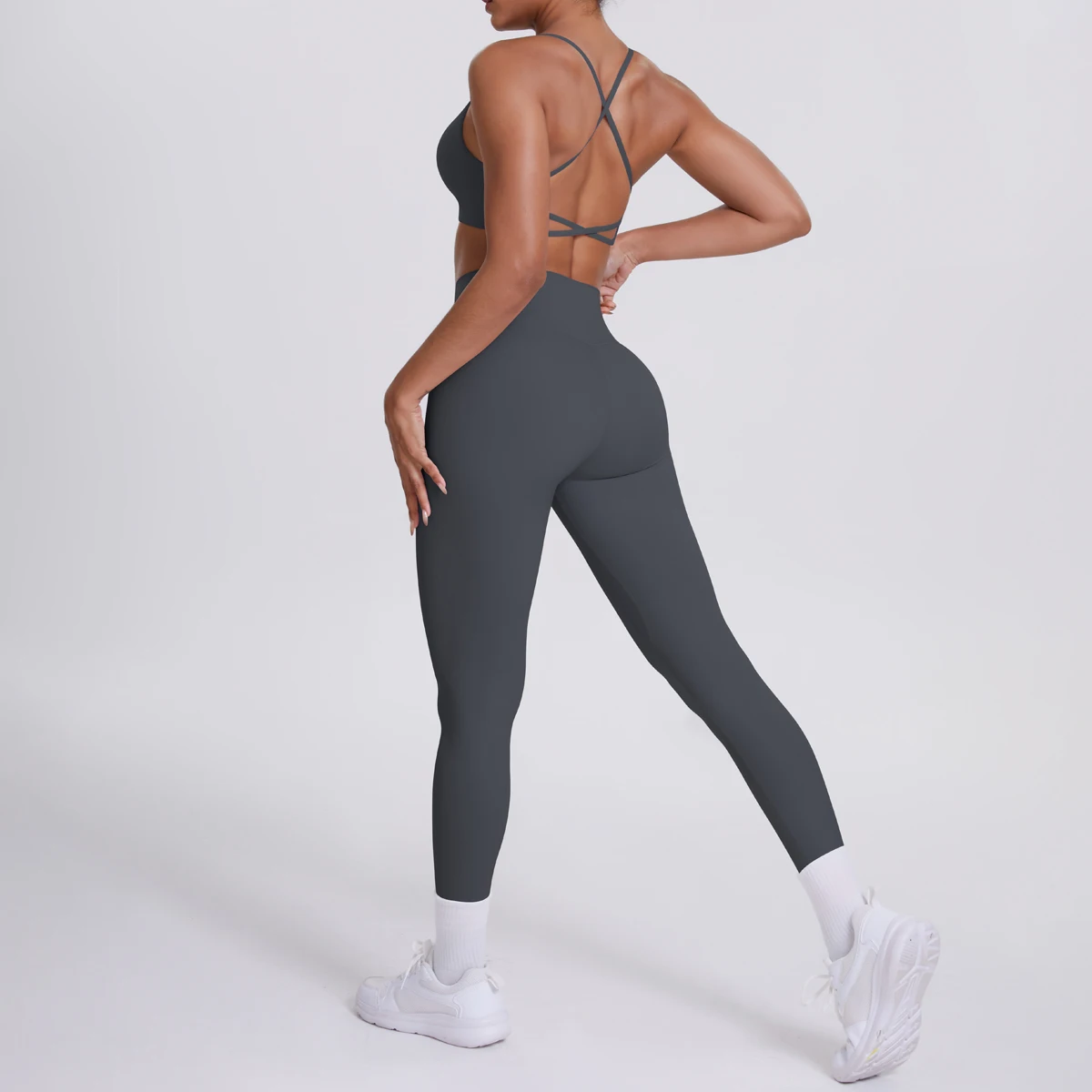 Yoga-Anzug, Sport-Set, Fitnessstudio, nahtlos, stoßfest, Sport-BH, Damen, hohe Taille und Hüften, eng, pfirsichfarbene Gesäßhose, Damen-Sportbekleidung – Detail 21