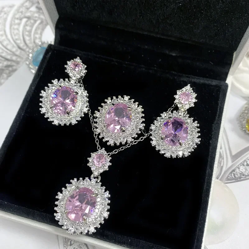 

MDL Moissanit1 Style New Luxury Colorful Jewelry Set Inlaid Aquamarine Topaz Ring Citrine Earrings Pink Diamond Necklace