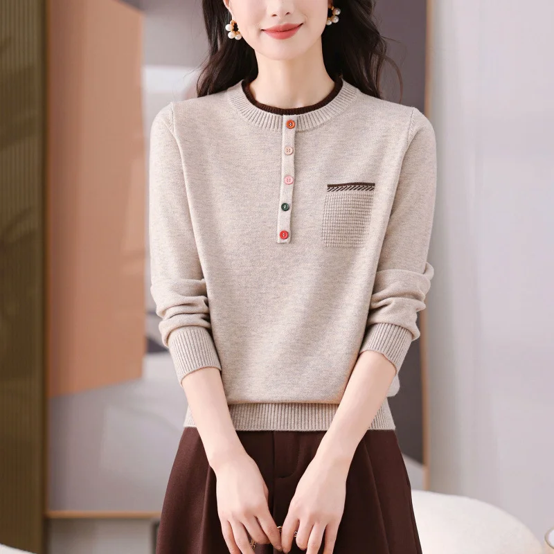 

Womens Crew Neck Color Block Design Knit Sweater Autumn Winter New Elegant Fashion Long Sleeve Versatile Pullover Top