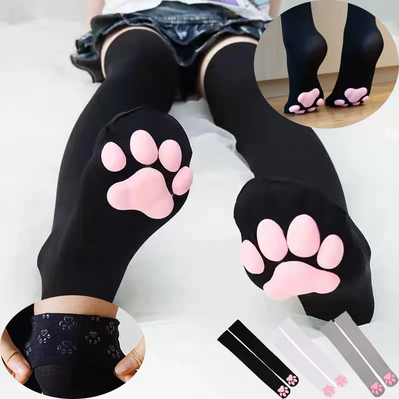 Women's 3D Cat Paw Thigh High Socks Sweet Cute Cartoon Slimming Stockings Anti-Slip Daily Wear Party Accessory for Girls Gift