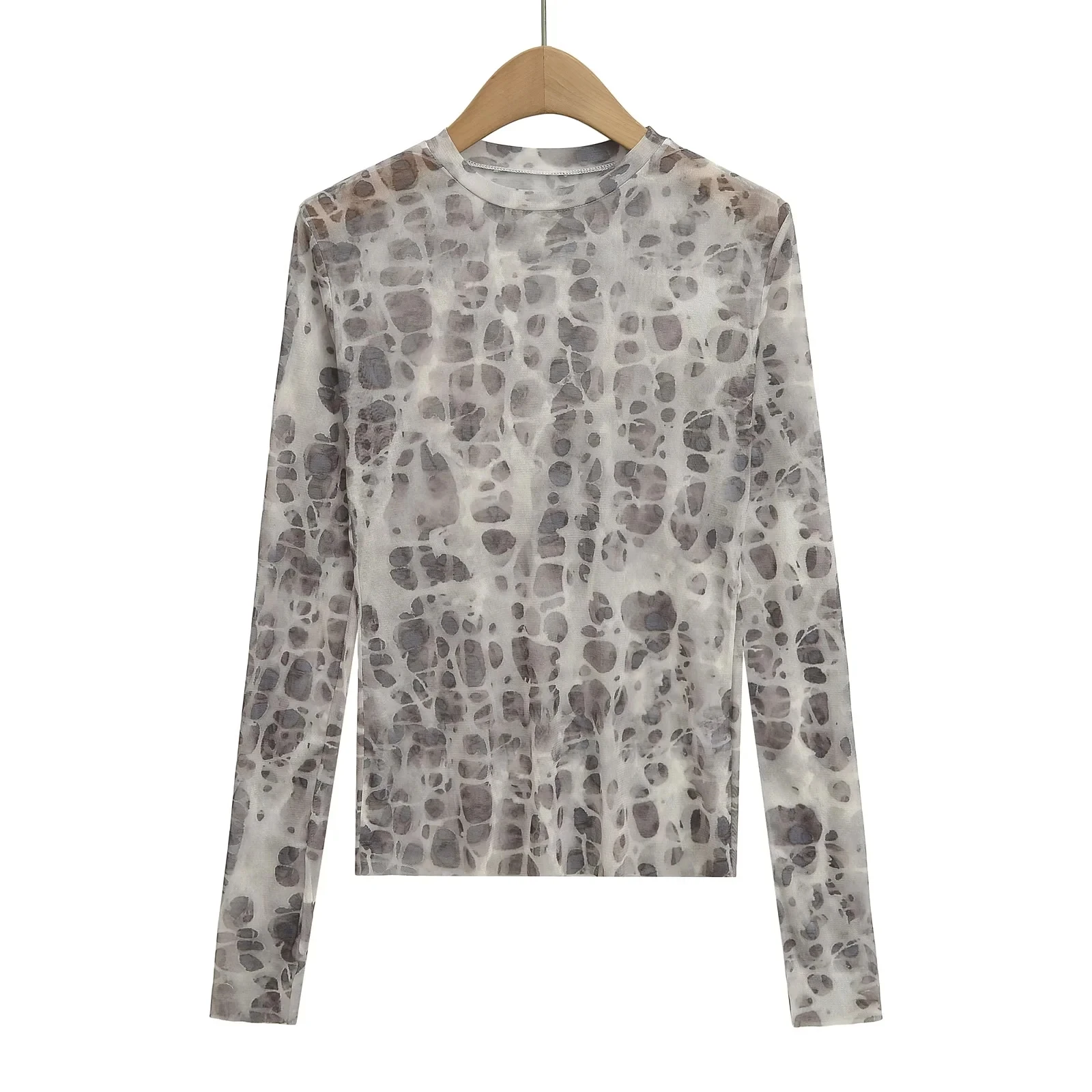 가벼운 메쉬 베이스 셔츠 라운드 넥 긴팔 레오파드 프린트 빈티지 여성용 언더웨어 출퇴근 스타일 슬림 핏 티셔츠