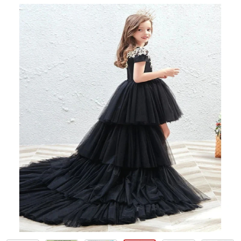 Preto applique flor menina vestido de renda manga curta tule inchado princesa crianças festa aniversário primeira comunhão vestidos baile vestido