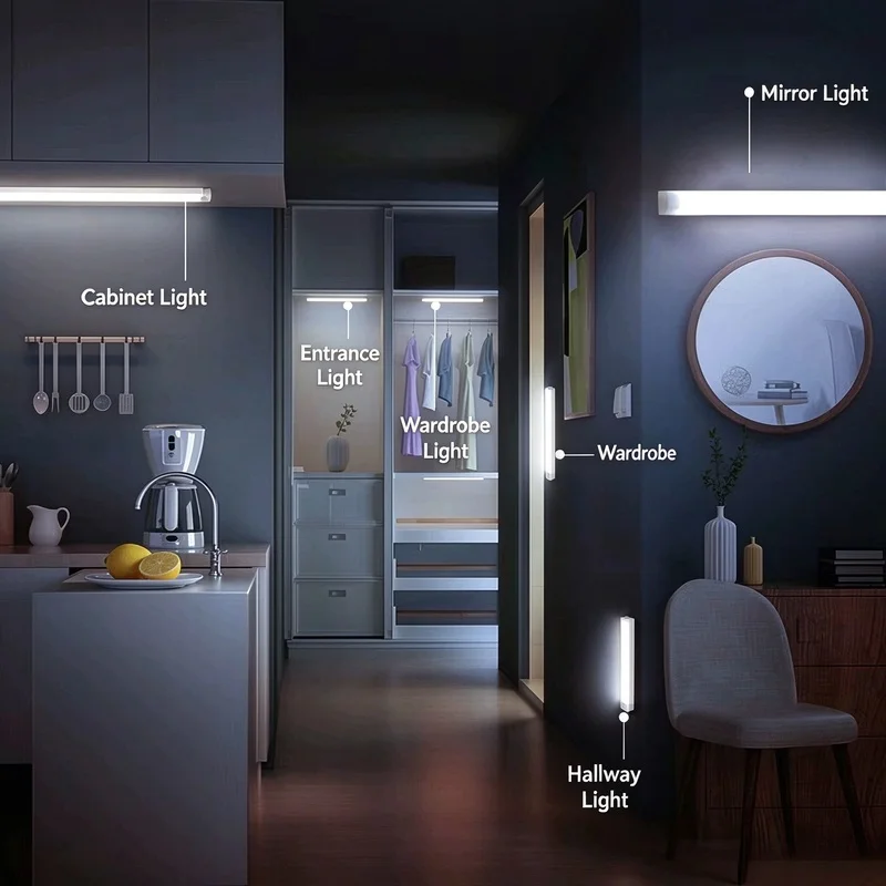 Rechargeable-Thin LED Motion Sensor Light Strip, Magnetic Night Light Wardrobe Closet Kitchen Cabinet Wine Cabinet