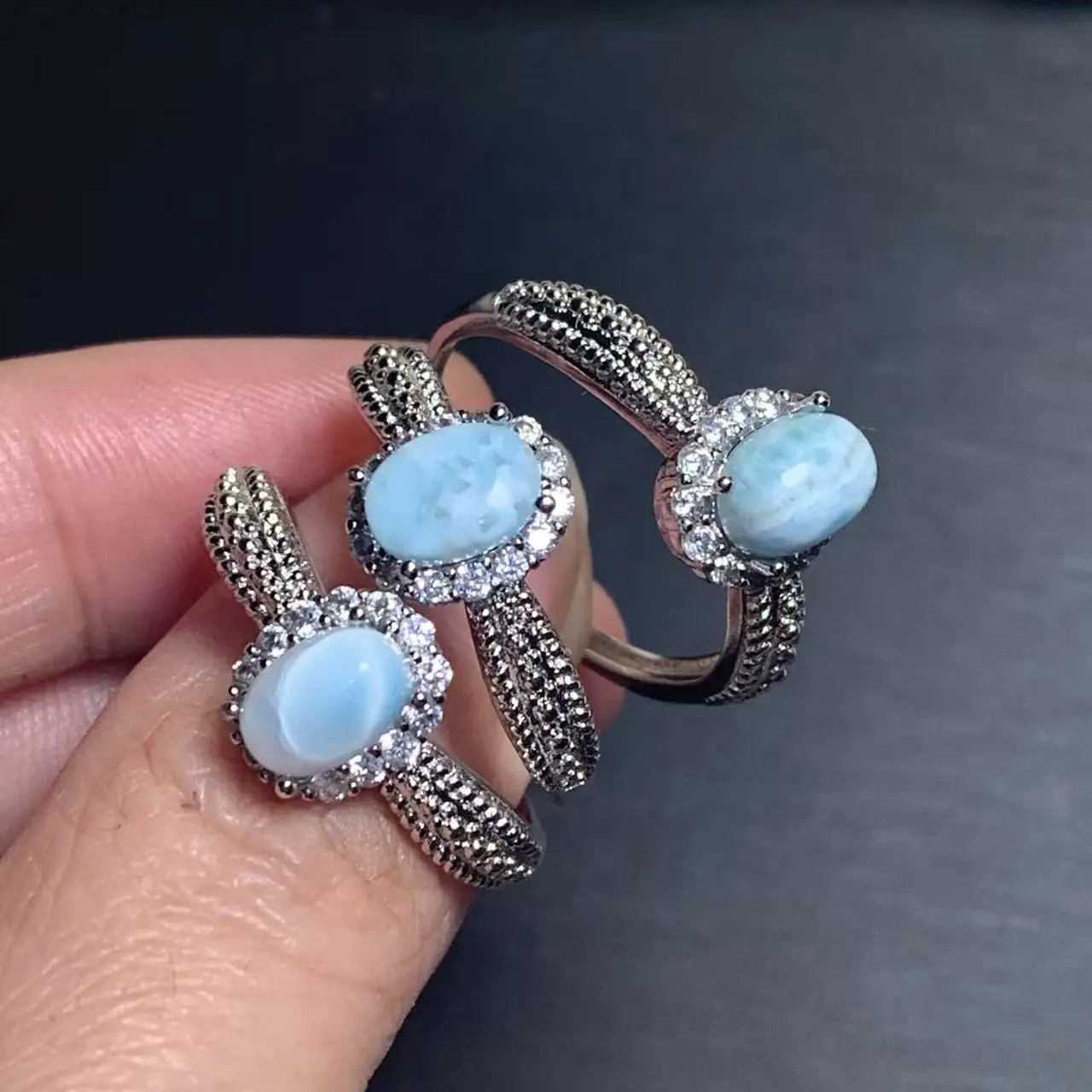 57 Authentic Natural Larimar Ring Adjustable Female Heart ring Jewelry for Women Gift Wholesale High Quality Vintage Fine