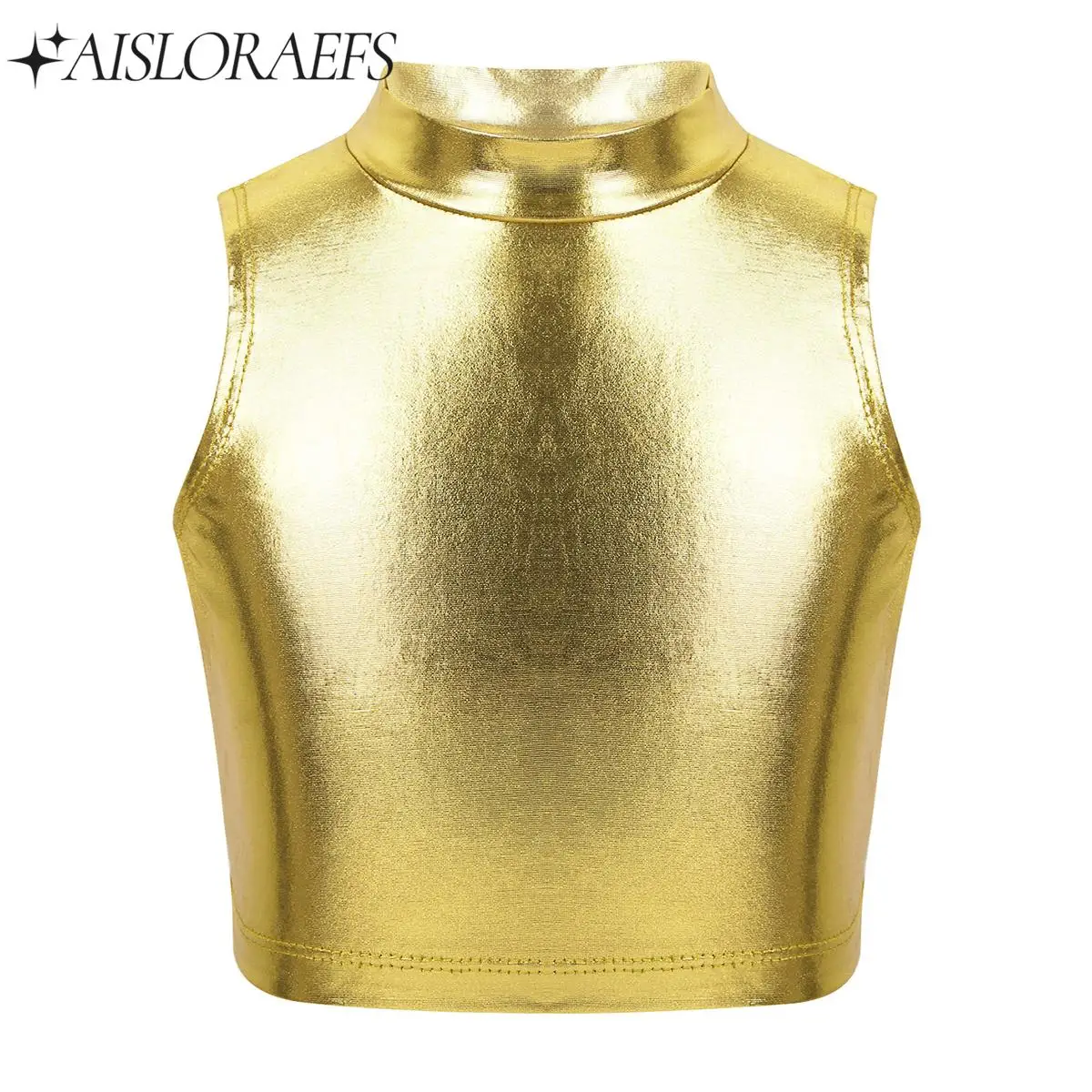 

Kids Girls Ballet Dance Costume Stylish Metallic Sleeveless Turtleneck Crop Tank Tops for Jazz Dancing Stage Performance Workout