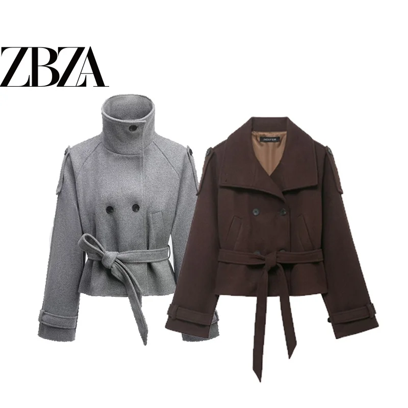 Elegant ZR Wind Fashionable Short Coat with Waist Buckle Double Row Buttons Stand Collar Polyester Fiber Ladies Outerwear