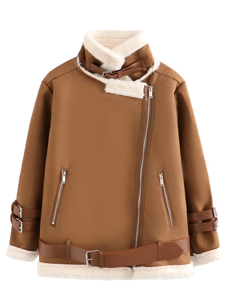 

Winter Fur Jacket Woman Warm Thick Fleece Coats Female Vintage Lamb Wool Outerwear Lady Zipper Moto Biker Jackets Streetwear