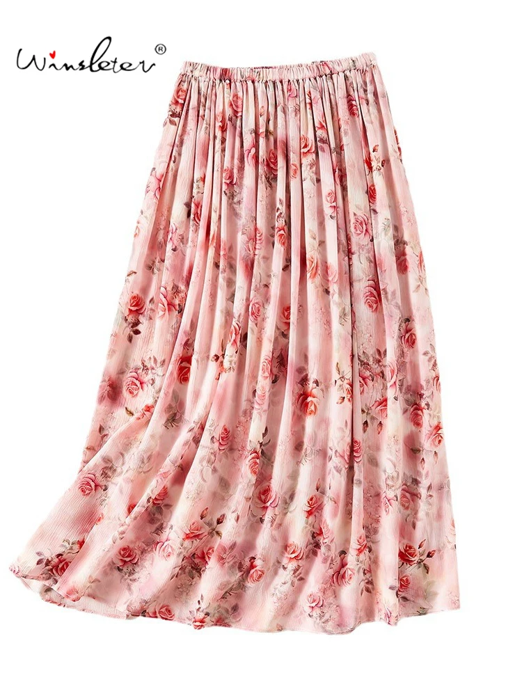 Winsleter, 100%Real Silk Elegant Skirts, Women Elastic Waisted Rose Printed, Vacation OL A-line Skirt, 2024 Summer Fall B46827QC