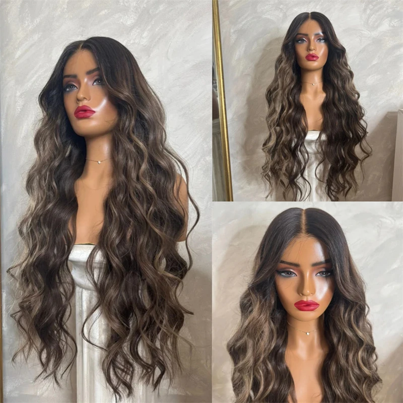 

32-дюймовый парик с эффектом омбре, темно-коричневый с мелированием, HD-кружевной фронтальный парик, натуральный вид, из термостойкого синтетического волокна, с маленьким и большим размером чепчика