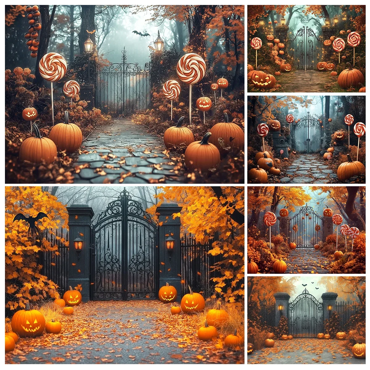 Candyland Pumpkins Gothic Gate Backdrops Kids Adult Photography Child Baby Photocall Halloween Autumn Magical Forest Backgrounds