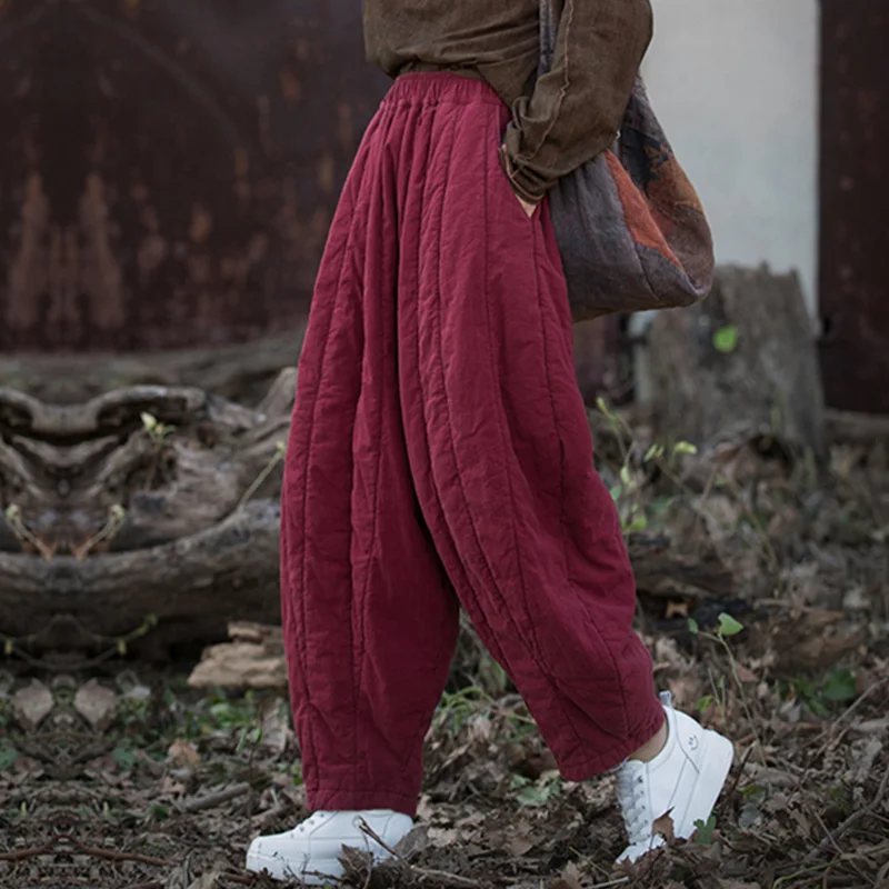 Women Ethnic Vintage Quilted Pants Elastic High Waist Baggy Oversized Harem Trousers One Size Loose Warm Cotton Linen Winter Pa