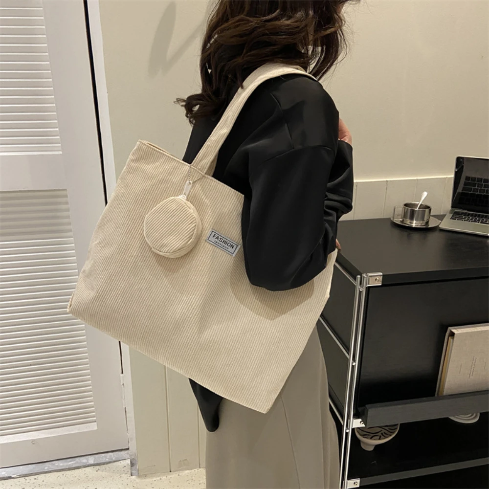 Retro Corduroy Versatile Handbag Women Large Capacity Commute Tote Bag with Coin Purse Casual Handbag Foldable Underarm Bag