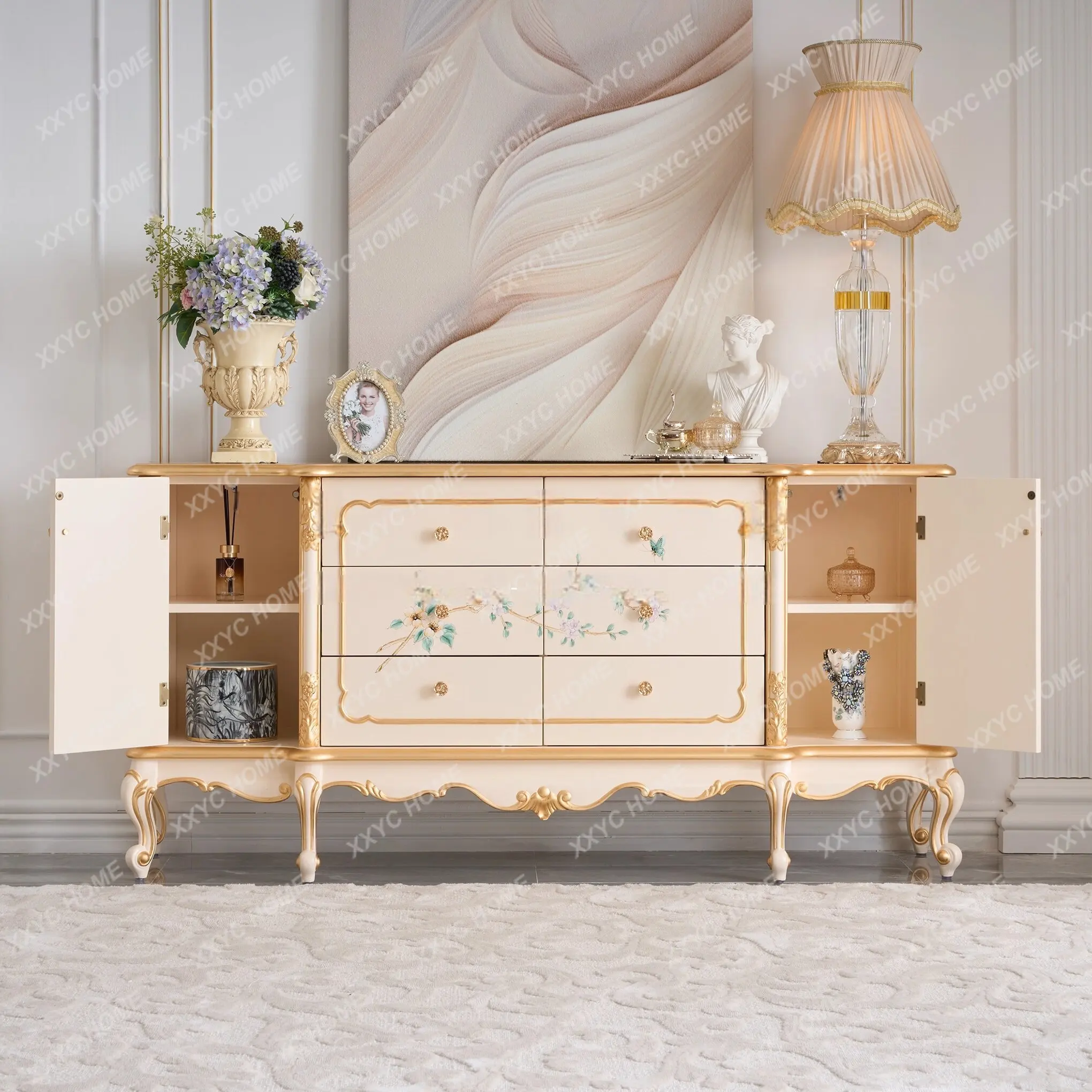 Solid wood dining side cabinet hand-painted retro white home entrance entrance cabinet high-end engraved art decoration cabinet