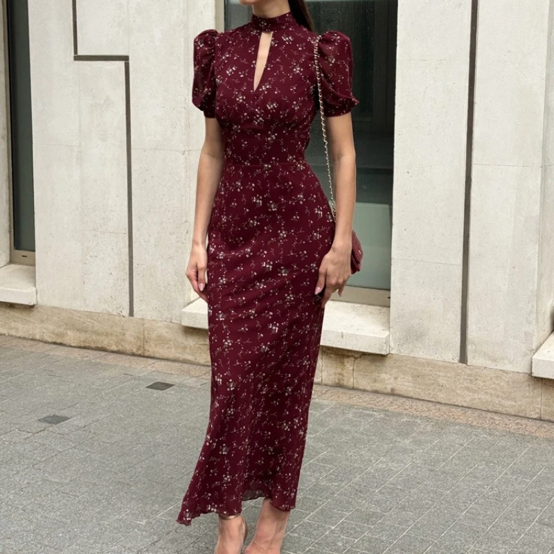 

2026 Spring New Style Elegant Floral Cutout Design Sense Standing Collar Bubble Sleeves Hip Wrapping Long Dress