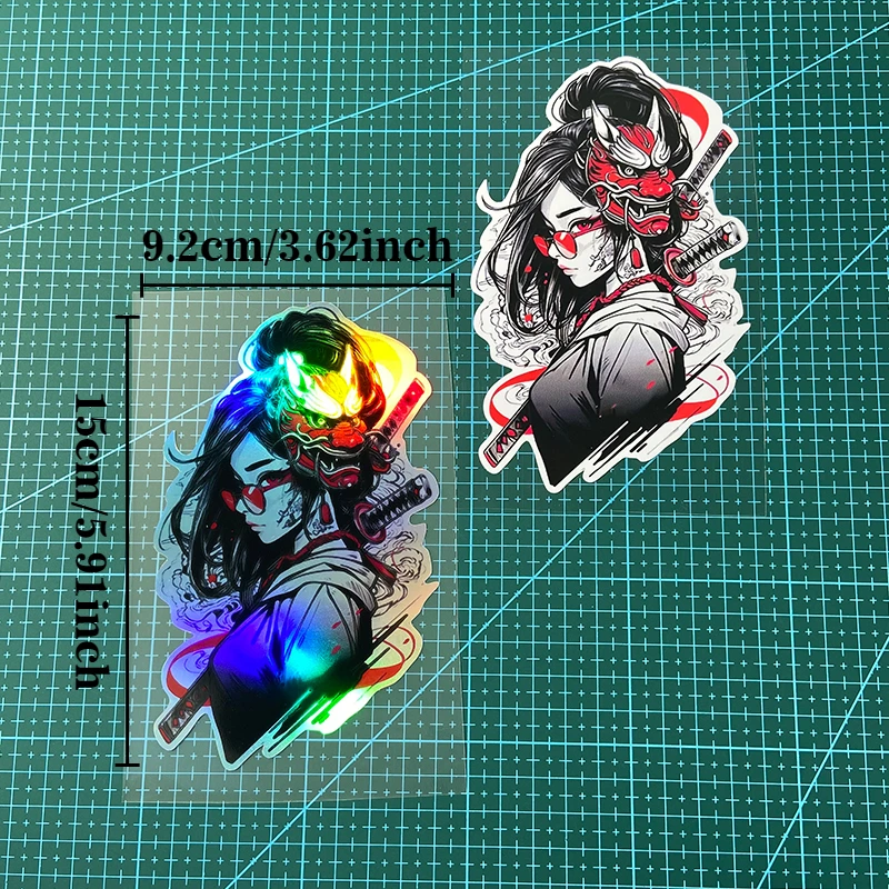 

1PC Holographic & Classic Japanese Oni Girl Sticker Set, Samurai - Themed, Ideal for Cars, Laptops, and Motorcycle Customization