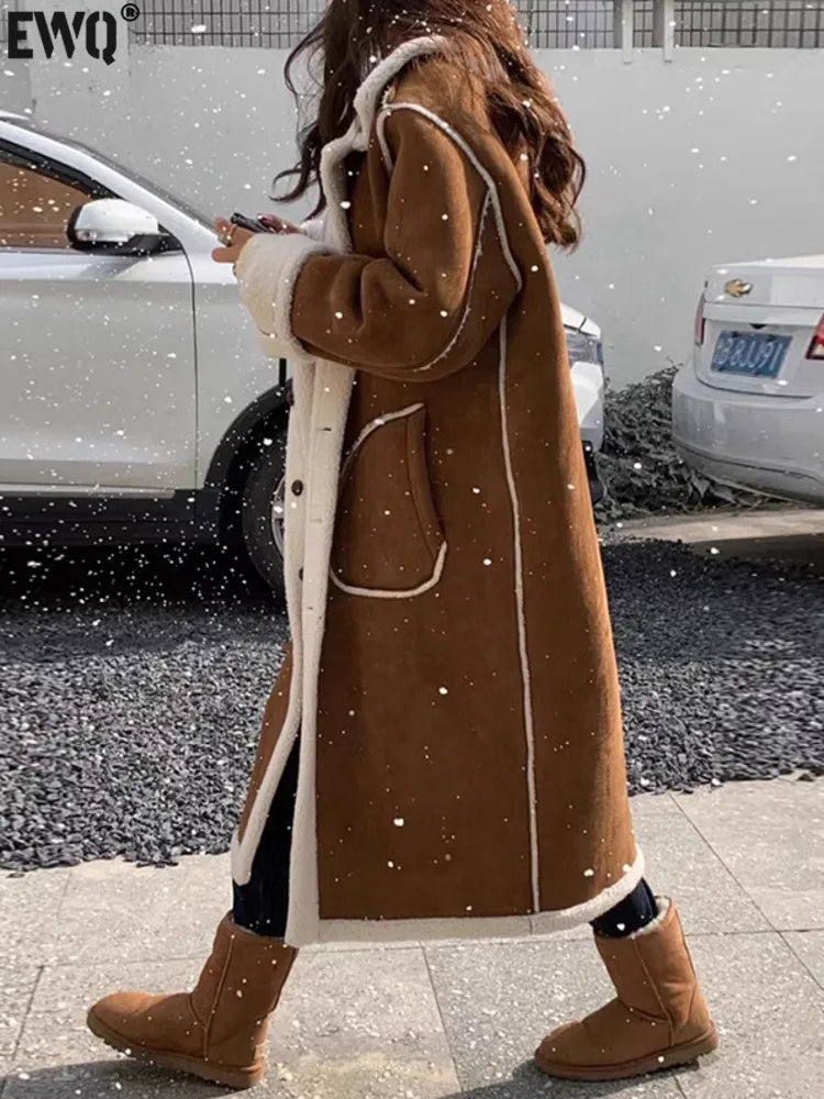 [EWQ] Korean Chic Long Sleeve Single Breasted Double-faced Faux Fur Coat Winter Warm Thick Women Outwear 2024 Autumn New 16O2183