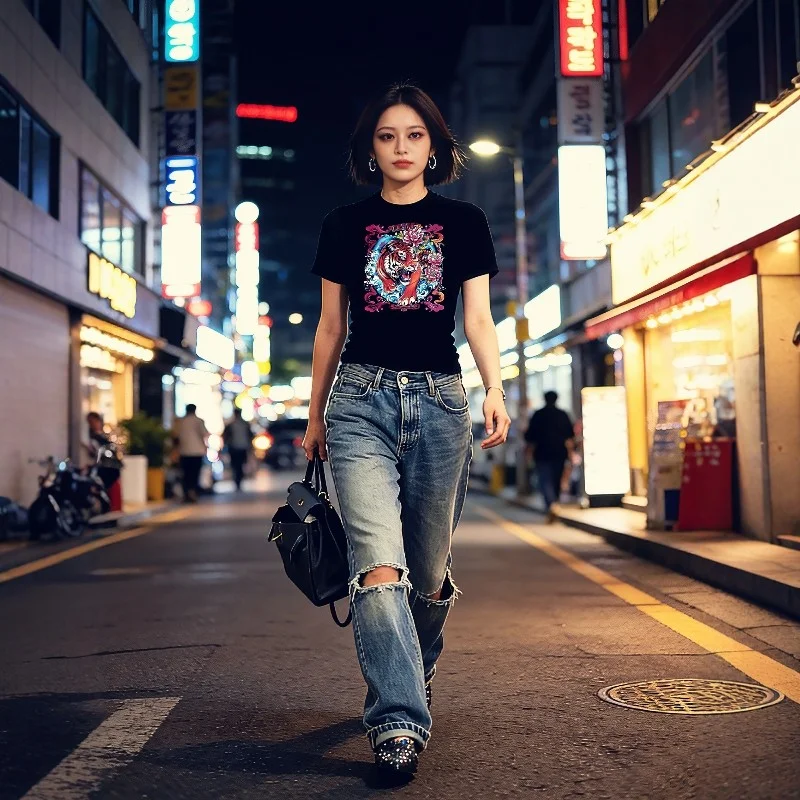 Punk Tiger Head Print Black round Neck Short Sleeve T-Shirt Unisex Original Trendy Brand European And American Style Streetwear