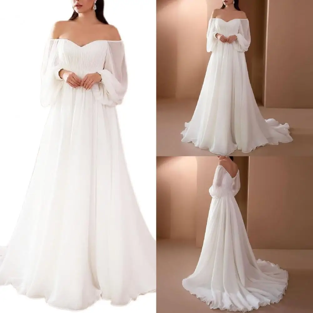 Women\'s Sexy Off Shoulder Lace Maxi Evening Gown Lantern Sleeve High Waist Women Dress Flowy Hem White Elegant Long Dress