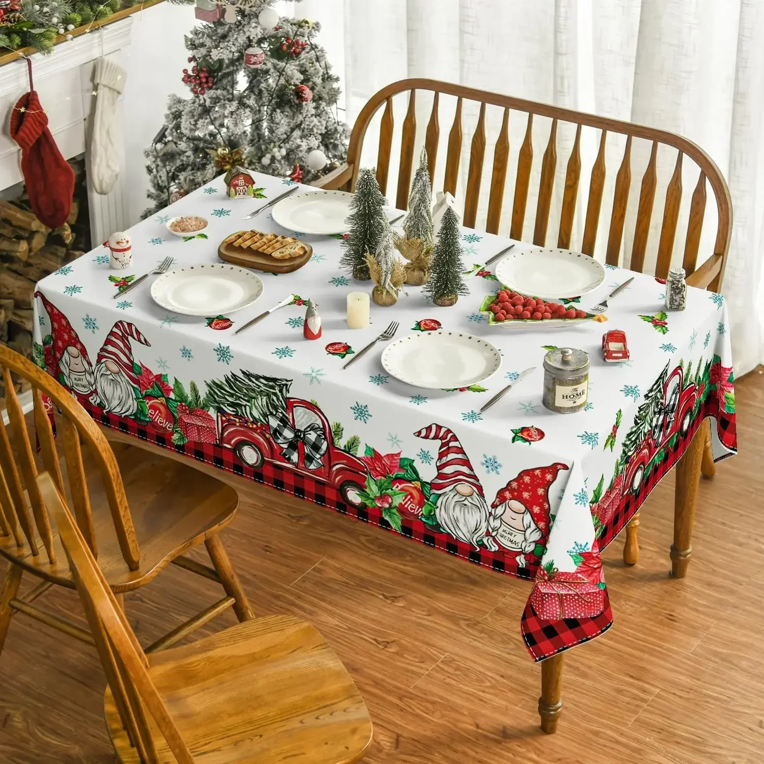 Christmas Gnome Truck Buffalo Plaid Tablecloth Winter Party Decor Xmas Snowflake Waterproof Tablecloth for Christmas Decorations