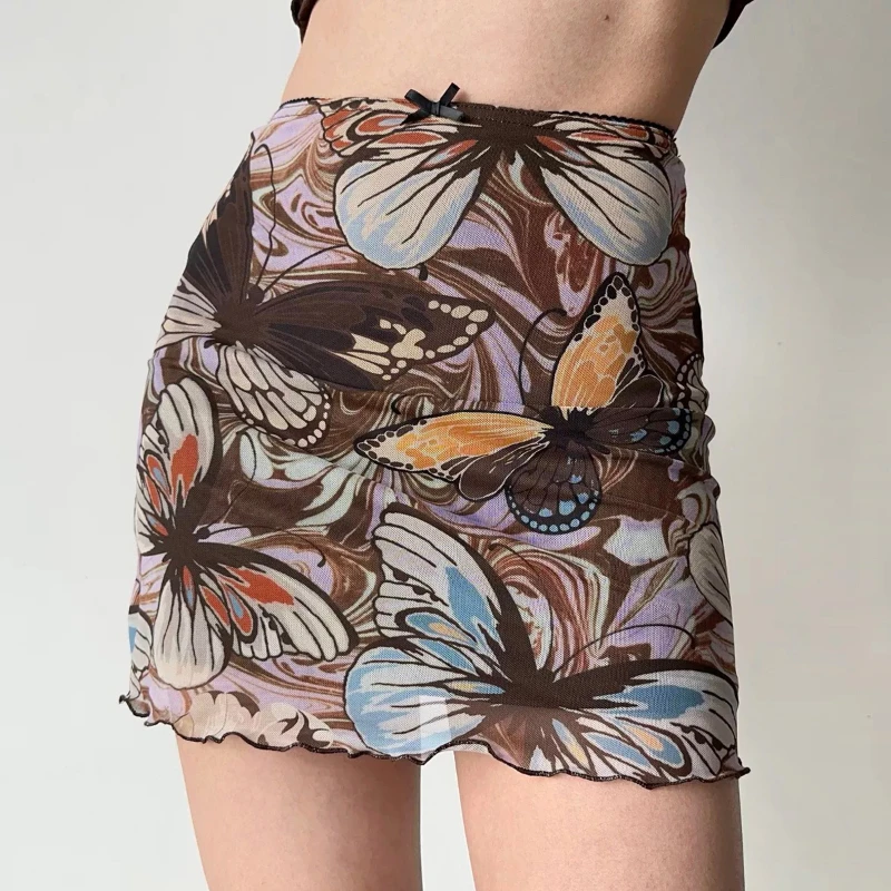 Skirt Women's Polyester High Waist Retro European and American Style Butterfly Printed Mesh Lightweight Breathable Sheath Summer