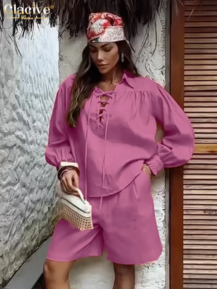 

Clacive Fashion Свободные розовые хлопковые шорты Комплект из 2 предметов Женская элегантная рубашка с длинным рукавом и шорты с высокой талией Комплект женской одежды
