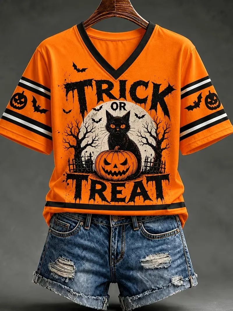 Halloween Pumpkin Women's T-shirt Cute Black Cat Ghost Bow Candy V‑Neck Short Sleeve Tee Sweet Spooky Oversized Party Streetwear