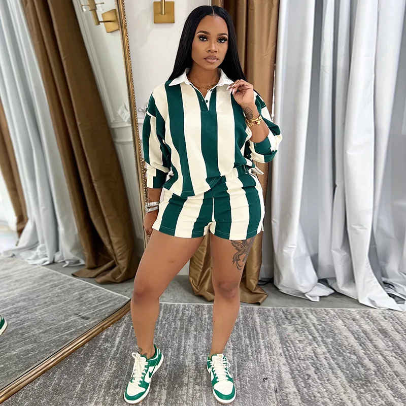 

New casual fashion striped lapel top high waist shorts set simple and versatile temperament elegant holiday style high-end dress