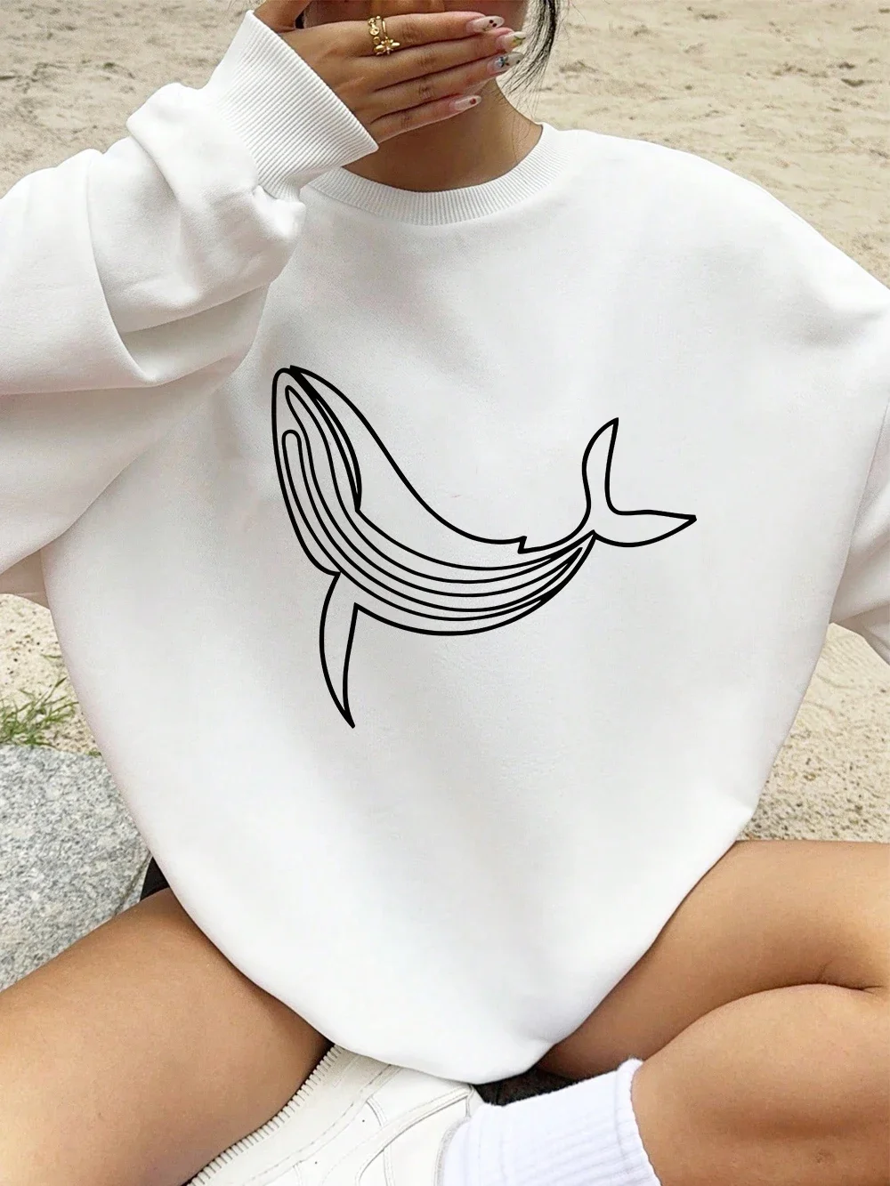 2025 Humpback Whale Printing Sweatshirts Women Winter Warm Hoodies Crewneck Loose Pullover Basics Comfortable Women Clothes