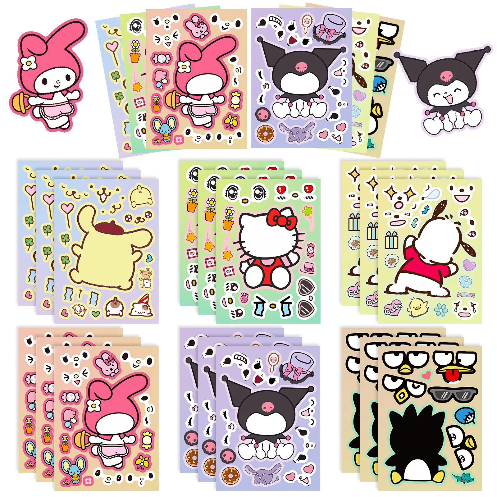 Kuromi-pegatinas de rompecabezas de Hello Kitty para niños y niñas, calcomanía de ensamblaje de cara a cara, regalo de juguete DIY, 6 o 12 hojas