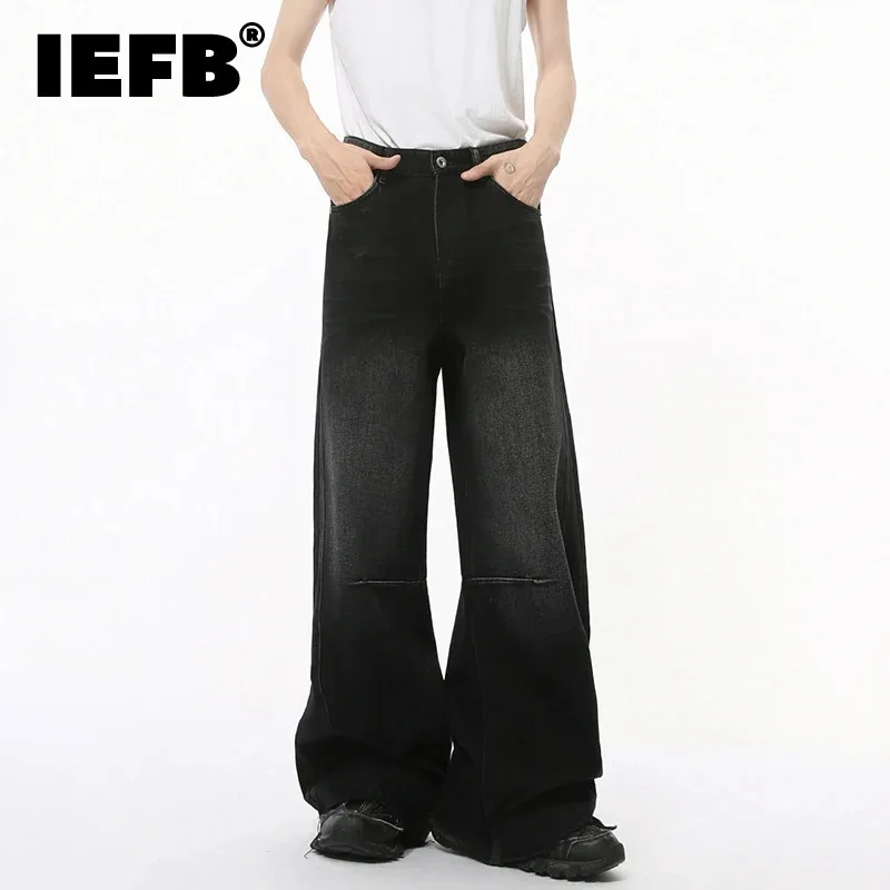 IEFB Men's Denim Pants Solid Color Droop Raw Edge Design Straight High Street Wide Leg Hip-hop Darkwear Loose Jeans Chic 9C8304