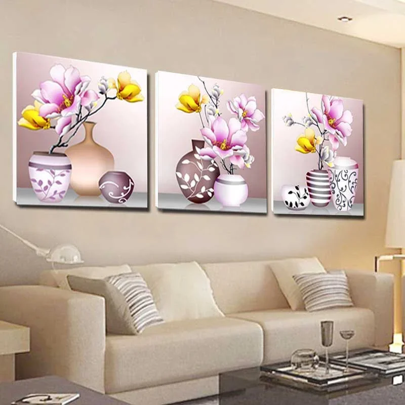 

DIY full Diamond Embroidery,Round Diamond 5D Vase Magnolia Triptych Living room decoration rhinestone beads Diamond painting