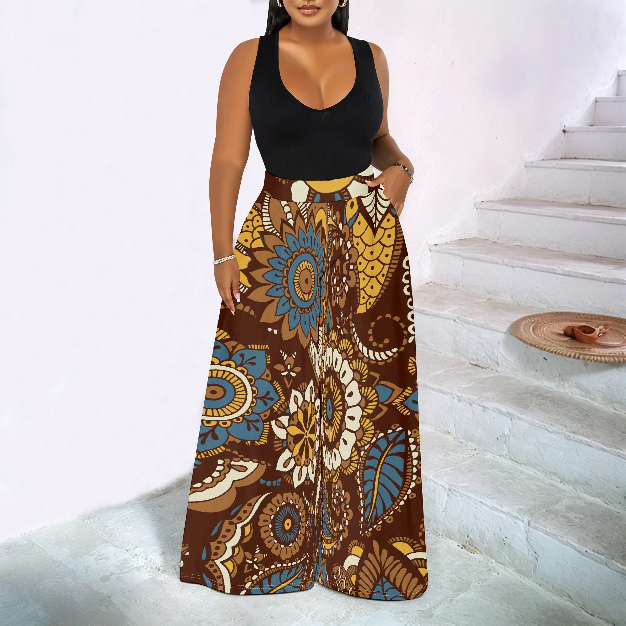 เสื้อแจ็คเก็ตกันลมสีดำ กางเกงแฟชั่นพิมพ์ลายสไตล์เรโทรสำหรับผู้หญิง ฤดูใบไม้ผลิและฤดูใบไม้ร่วง กางเกงลำลองใส่สบายๆ อยู่บ้าน