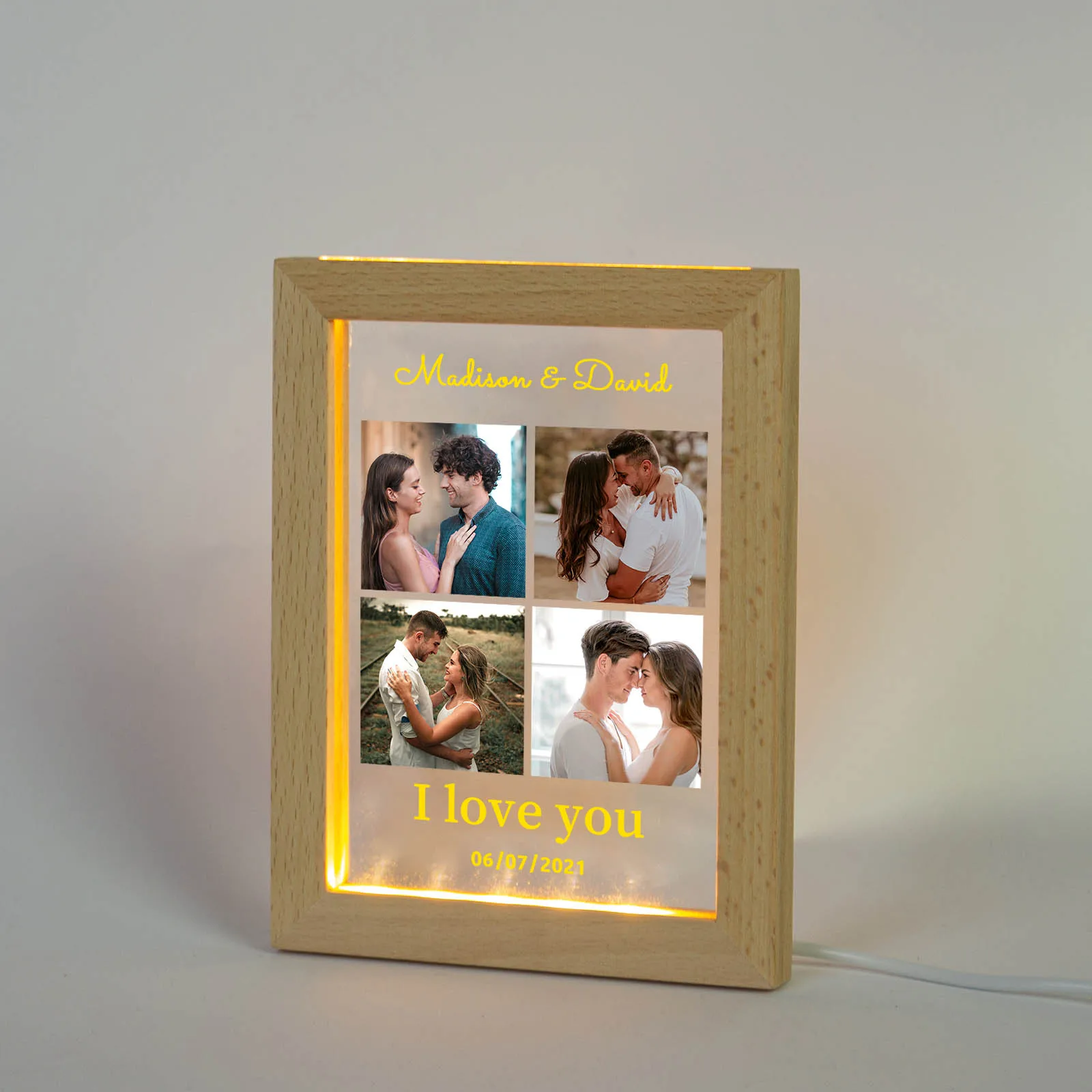 Veilleuse de cadre photo d\'amoureux personnalisée, photos personnalisées, lampe à LED en acrylique, USB 62, cadeaux de la journée de Léon, couples