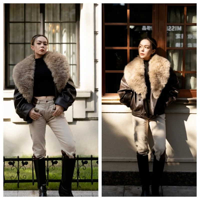 Guobioziy Women's Jacket 2026 Autumn Winter New Fashion Brown Textured Imitation Leather Jacket Detachable Large Fur Collar Wome