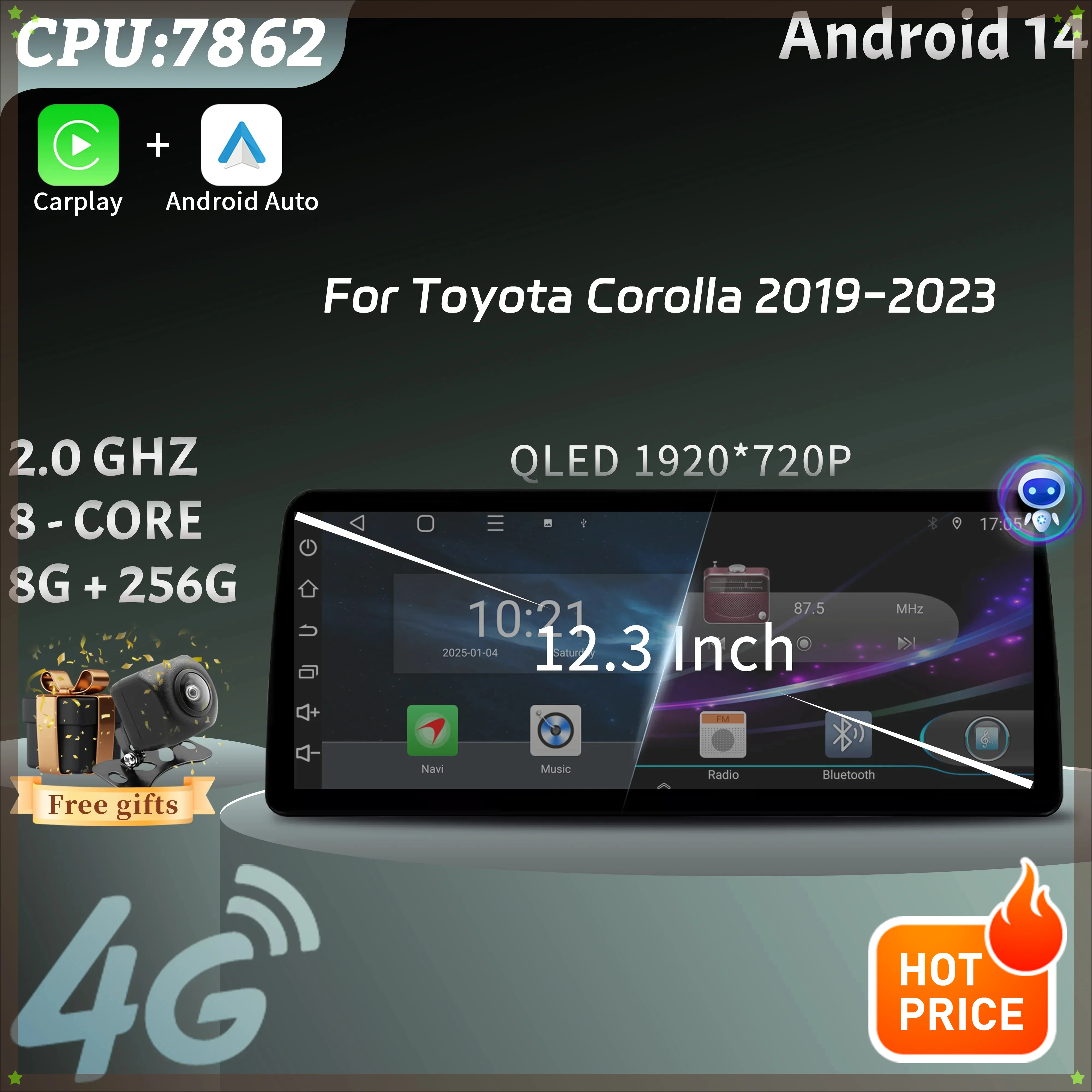 For Toyota Corolla 2019-2023 12.3inch Android 14 Car Radio Navigation 4G GPS Multimedia Wireless  BT Carplay Screen Stereo